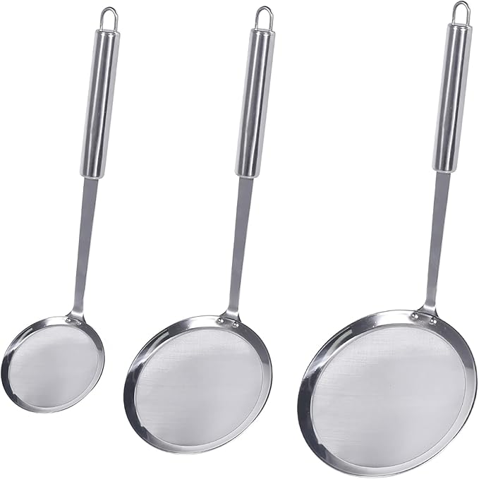 Newness Fine Mesh Skimmer Spoon, Professional 304 Stainless Steel Hot Pot Fat Strainer for Oil Filter Skimming Grease and Foam, Durable Multi-Functional Kitchen Cooking Mesh Food Strainer Ladle-3 Pack