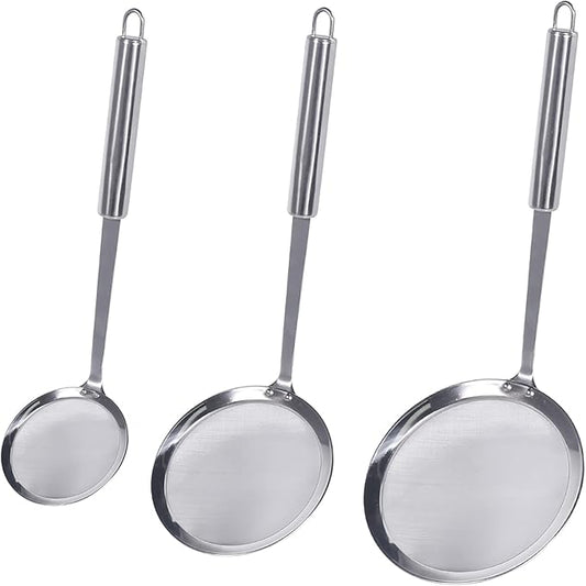 Newness Fine Mesh Skimmer Spoon, Professional 304 Stainless Steel Hot Pot Fat Strainer for Oil Filter Skimming Grease and Foam, Durable Multi-Functional Kitchen Cooking Mesh Food Strainer Ladle-3 Pack