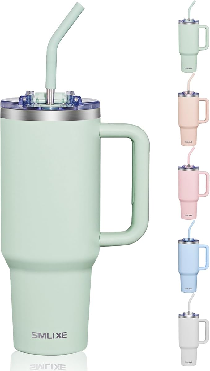 COKTIK 40 oz Tumbler With Handle and Straw, Insulated Tumbler With Leakproof Lids, Stainless Steel|BPA-Free, Cold for 24 H (Seafoam)