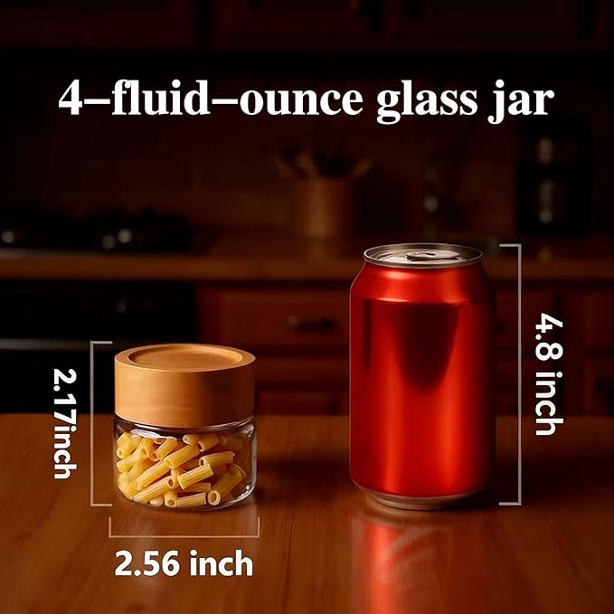 2-Pack 4 fl oz Leakproof Mason Jars with Airtight Acacia Wood Lids - Small Glass Food Storage Containers for Overnight Oats, Spices, Snacks, Kitchen Pantry Organization