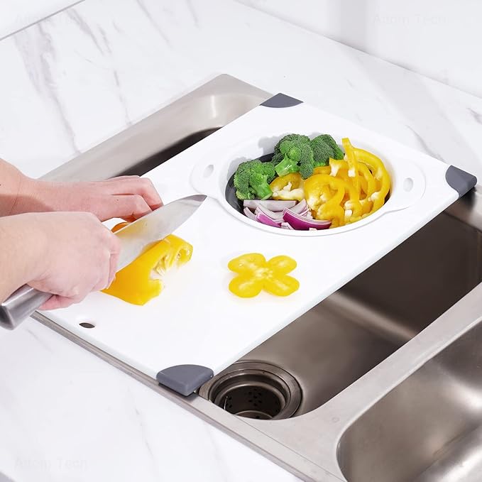 NiHome Over the Sink Cutting Board with Collapsible Colander, 2-In-1 Sink Drainer Board 11"x17.7" Anti-Slip Cutting Board and Detachable Draining Basket with Ergonomic Handle PP Plastic and TPR Rubber