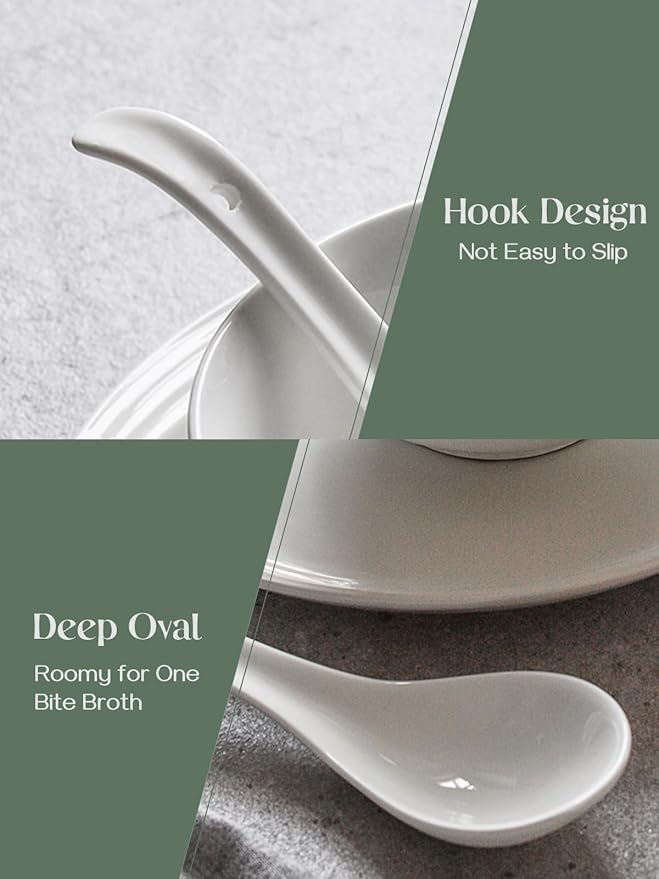 DOWAN Soup Spoons Set of 6, Ceramic Chinese Soup Spoon, Asian Soup Spoons, White Japanese Spoon Large for Ramen Pho Wonton Dumpling Miso, Deep Oval Hook Design(Soft White)