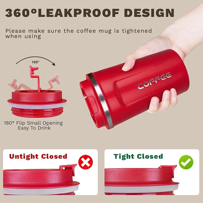 Travel coffee mugs leak-proof, reusable coffee cup with lid, stainless steel vacuum insulated coffee tumblers, thermal insulation cups for men & women keep drinks hot & cold (2nd-Red, 17OZ)