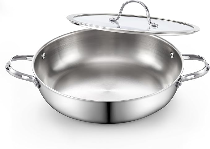 Cooks Standard Multi-Ply Clad Stainless Steel Wok Stir Fry Pan with Glass Lid, 12-inch large Stainless Steel Deep Frying Pan, Everyday Chef's Pan Flat Bottom Wok Induction Cookware