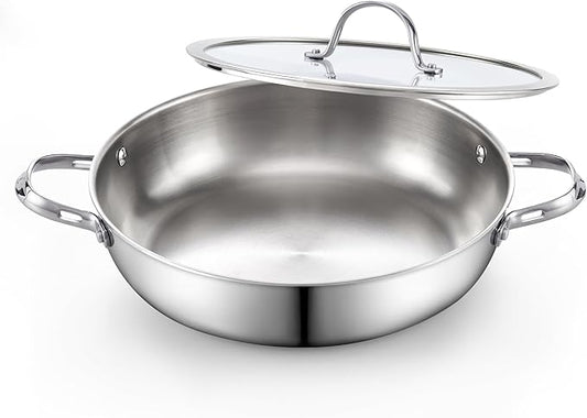 Cooks Standard Multi-Ply Clad Stainless Steel Wok Stir Fry Pan with Glass Lid, 12-inch large Stainless Steel Deep Frying Pan, Everyday Chef's Pan Flat Bottom Wok Induction Cookware