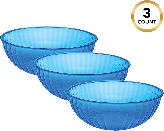 Party Essentials Hard Plastic 192 OZ./6 QT/1.5 Gallon Large Serving Bowls For Punch/Salad/Snack/Treat/Fruit, 3-Count, Neon Blue
