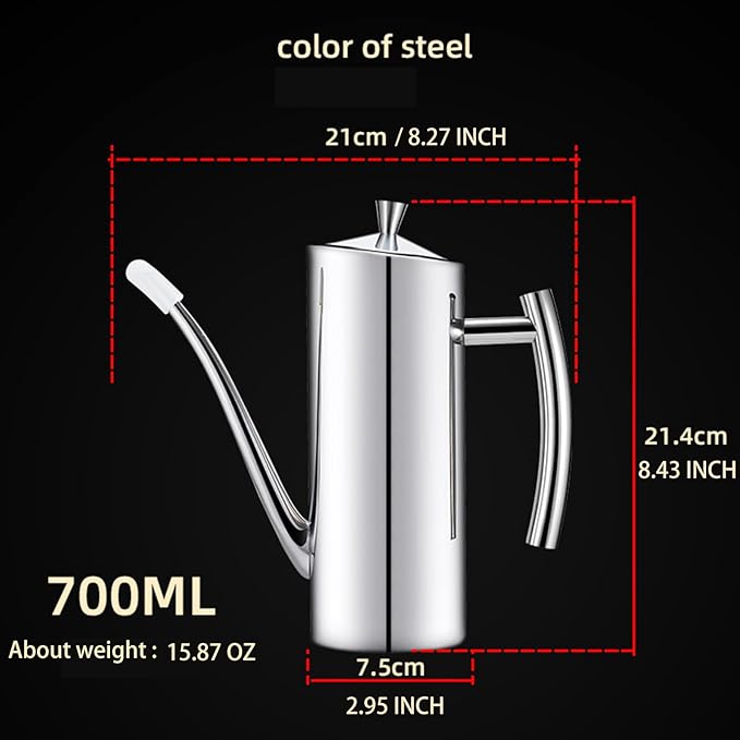 KSENDALO Stainless Steel Olive Oil Dispenser - 24oz/700mL Leakproof Oil Bottle, Premium One-Piece Design with Long Narrow Spout, Vertical Handle Kitchen Cruet for Precision Pouring