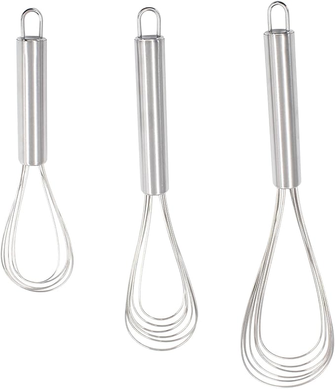 3 Pcs Kitchen Flat Whisk Set, Stainless Steel Egg Whisk Flat Wire Whisk 6 Wires Egg Mixing Whisk(6.73 Inch,10.11 Inch,10.51 Inch)