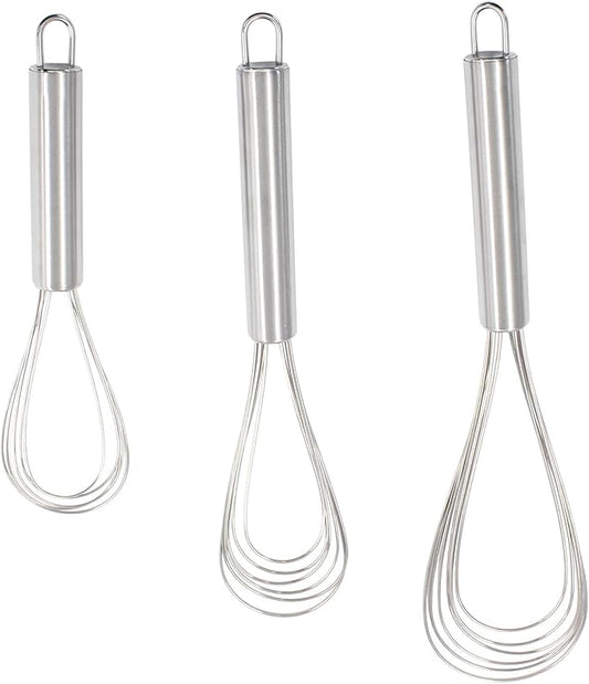 3 Pcs Kitchen Flat Whisk Set, Stainless Steel Egg Whisk Flat Wire Whisk 6 Wires Egg Mixing Whisk(6.73 Inch,10.11 Inch,10.51 Inch)