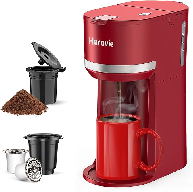 Mini Single Serve Coffee Maker for K Cup and Ground Coffee, Fast Brew One Cup Coffee Machine with Descaling Reminder and Water Window, 6 to 12 oz. Brew Sizes, Red