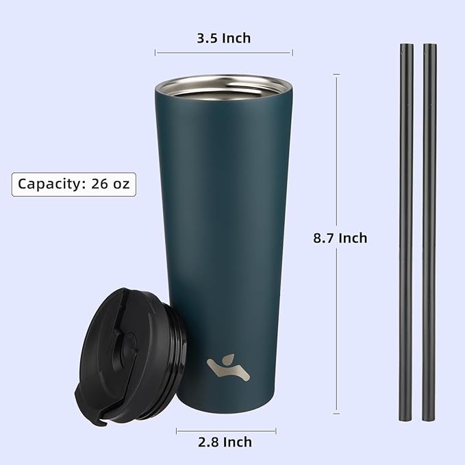 26 OZ Insulated Tumbler with Lid and 2 Straws Stainless Steel Water Bottle Vacuum Travel Mug Coffee Cup,Navy blue