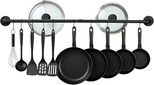 38 inch Pot Pan Rack Wall Mounted Industrial Pipe Hanging Rail Kitchen Lids Bar Utensils Hanger with 10 S Hooks Black