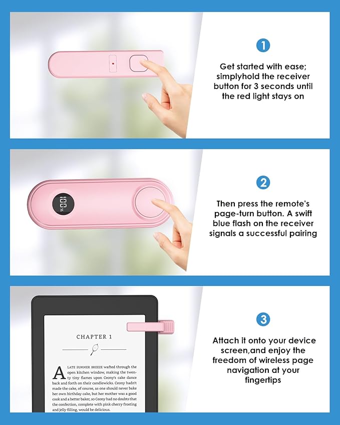 Remote Page Turner for Kindle Reading Accessories, Clicke for iPad iPhone Android Tablets E-Book Reading Noels, Camera Remote Shutter Selfie Controller, Pink