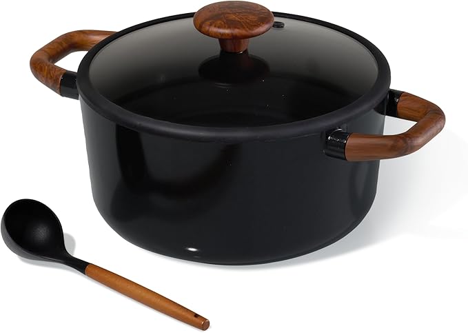 CAROTE 5QT Ceramic Stock Pot with Ladle, Nonstick Casserole with Lid, Even Heating Stockpot, Fits All Stoves, Non Stick Large Capacity Cooking Pots, PFAS Free, Black