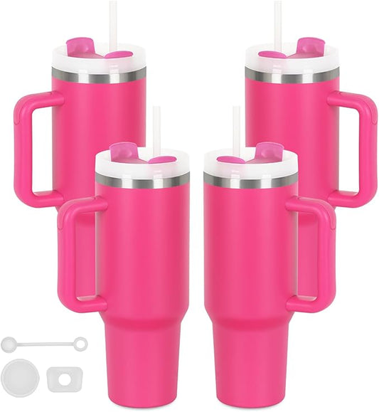 4 Pack 40 Oz Tumblers with Handle Bulk, Double Wall Vacuum Insulated Stainless Steel Tumblers with Lid and Straw, 40 oz Cups with Silicone Spill Proof Stopper Set (Hot Pink)