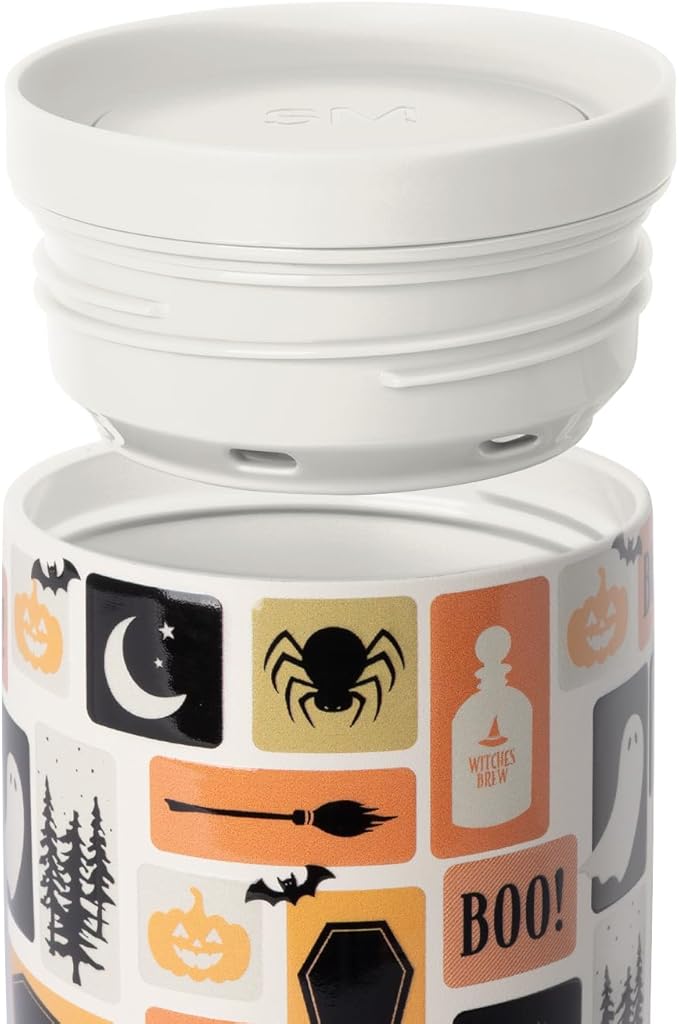 Simple Modern Halloween Signature Voyager | 16oz Travel Coffee Mug Tumbler with 360° Lid | Gift for Her Him | Ceramic-Lined Insulated Stainless Steel Cold Brew Iced Coffee Cup | Spooky Stamps on Cream