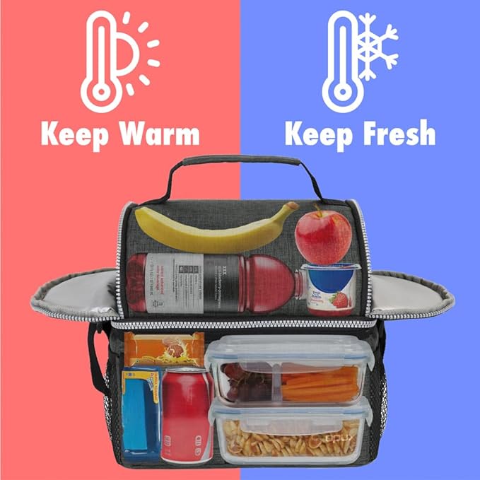 OPUX Lunch Box for Men, Adult Lunch Box Cooler, Insulated Lunch Bag Women, Dual Compartment Lunchbox for Work, Leakproof Double Decker Lunch Bag, Soft Lunch Pail Tote Boys Girls Kids School, Dark Gray
