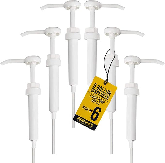 5 Gallon Pump Dispenser - Pump for 5 Gallon Bucket, Jug, Bottle, Large Container - Great for Shampoo & Conditioner, Laundry Detergent, Snow Cone Syrup, Bleach Liquid, Oil & More (Pack of 6)