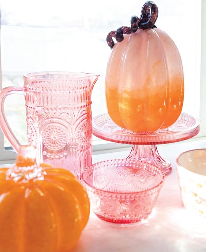 Boston International Vintage-Inspired Glass Serving Bowl with Embossed Floral Pattern for Salad Snacks Dinner, Small 4.75" x 2.25", Pink Codi