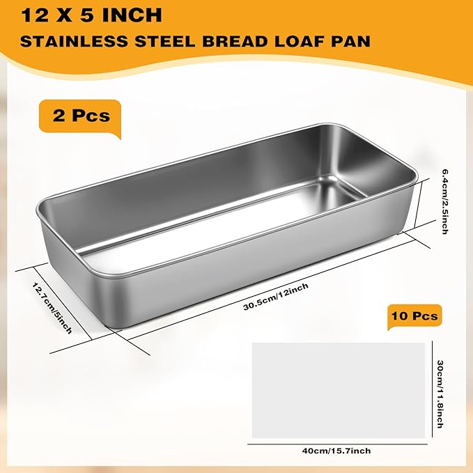 2 Packs 12×5 Inch Loaf Pans for Baking Bread, Stainless Steel Loaf Bread Pan with Parchment Paper Liners, Metal Bakeware for Bread, Meatloaf, Cake & Brownies, Easy Release, Oven & Dishwasher Safe
