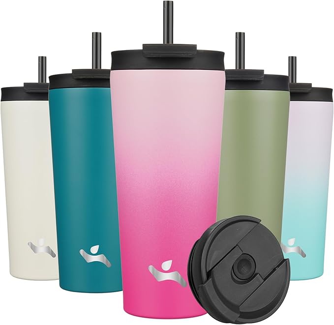 22 OZ Insulated Tumbler with Lid and 2 Straws Stainless Steel Water Bottle Vacuum Travel Mug Coffee Cup,Cherry
