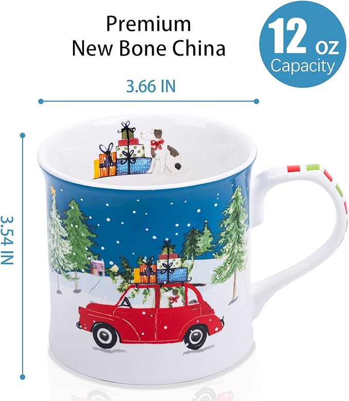 12 oz Christmas Car Coffee Mug, Festive New Bone China Mug with A Red Beetle in Snowy Winter Scene, Holiday Gift for Car Lovers, Kids & Family, Designed in England by Harvest Green Studio