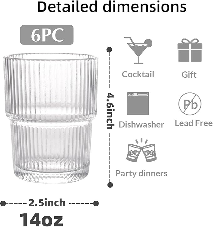 Set of 6 Cute Ribbed Glassware,14oz Vintage Clear Glass Tumbler, Origami Style, Fluted Design, Ideal for Water, Iced Coffee, Juice, Milk Tea, Latte, Housewarming Gift
