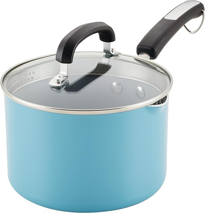 Farberware EcoAdvantage Ceramic Nonstick Straining Saucepan/Sauce Pan with Lid, 3 Quart, Aqua