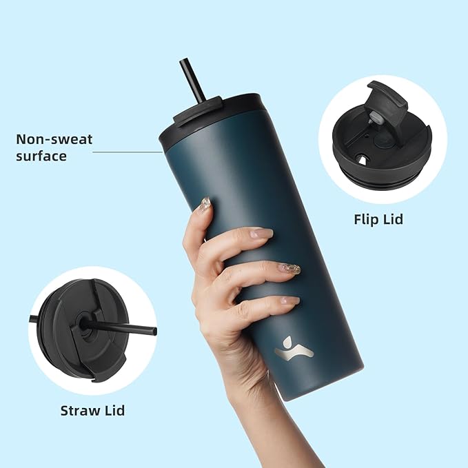 26 OZ Insulated Tumbler with Lid and 2 Straws Stainless Steel Water Bottle Vacuum Travel Mug Coffee Cup,Navy blue