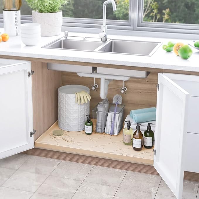 SIKADEER Silicone Under Sink Mats for Kitchen Waterproof 34" x 22", Raised Edge Cabinet Protector Shelf Liner, Bathroom Organizers and Storage Boot Tray Pet Mat