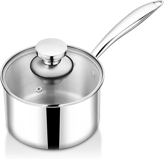 TeamFar 1qt Saucepan with Lid, Stainless Steel Tri-ply Small Cooking Pot Sauce Milk Pan with Ergonomic Handle, for Induction/Gas/Electric/Ceramic, Healthy & Heavy Duty, Dishwasher Safe