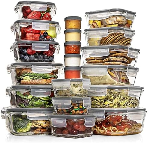 Razab 35 Pc Set Glass Food Storage Containers with Lids - Meal Prep Airtight Bento Boxes BPA-Free 100% Leak Proof (15 lids,15 glass & 5 Plastic Sauce/Dip Containers)