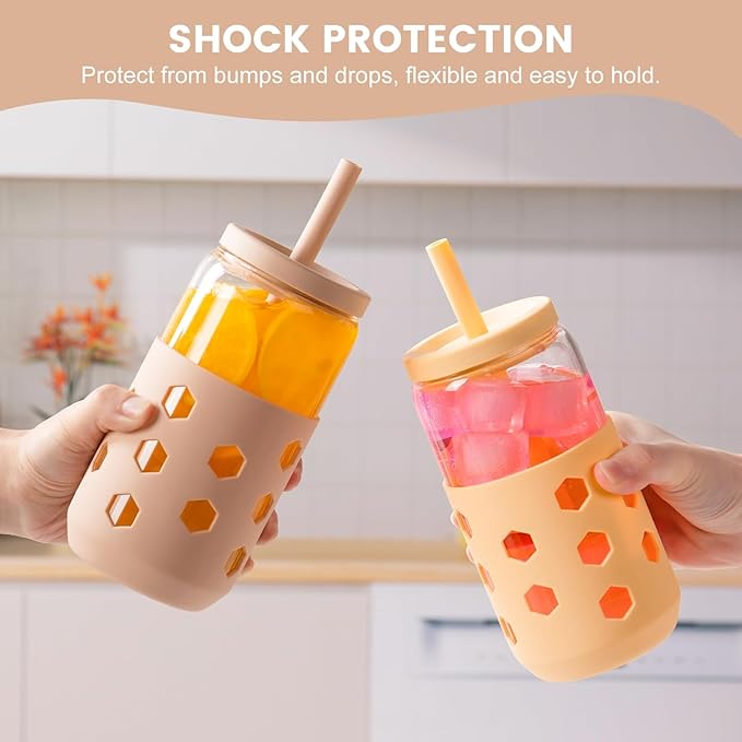 Glass Cups with Lids and Straws (4 Pack), 16oz Drinking Glasses Set with Silicone Sleeves for Coffee Bar Accessories Iced Coffee Cups with Lids, Glass Tumbler Reusable for Gifts