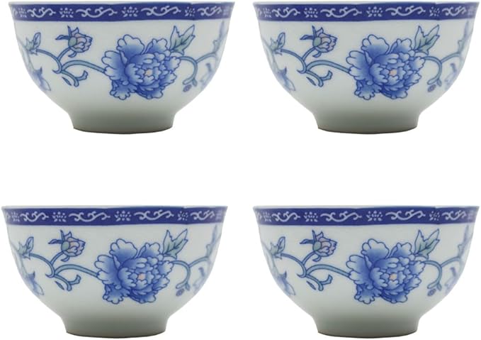 Liang baobao Chinese Traditional Tea Tasting Cup Set of 4, 2oz White Porcelain Mini Cups for Gongfu Tea Ceremony (Blue and White Peony)