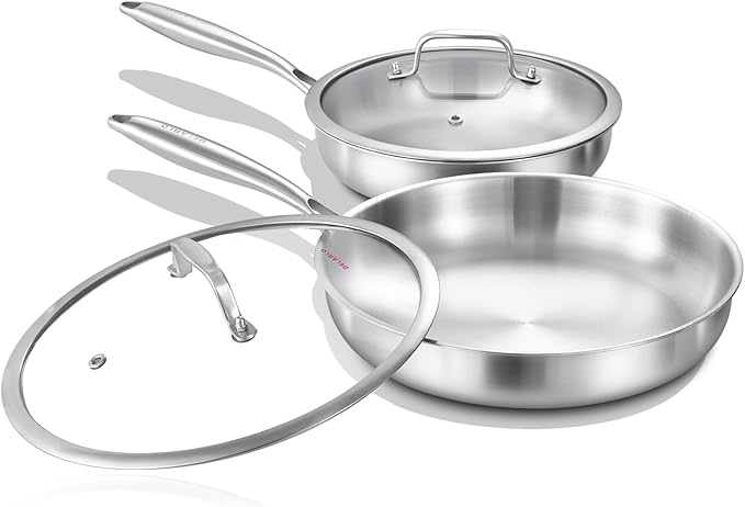 DELARLO Tri-Ply Stainless Steel Pan, 18/10 Frying Pan, Oven Safe Up to 600°F, Nontoxic Cookware, Compatible with All Cooktops Skillet, Durable, Fast Even Heat Fry Pan,Steel 10" and 12" with Lid