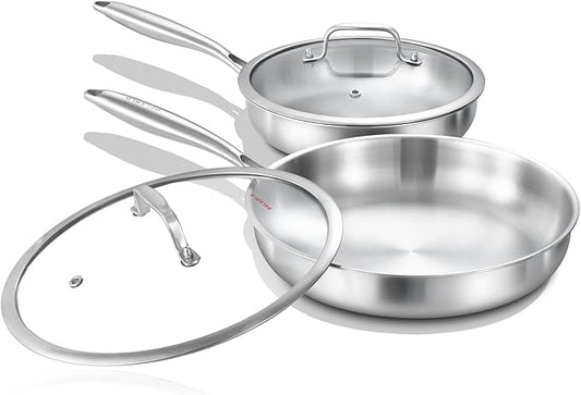 DELARLO Tri-Ply Stainless Steel Pan, 18/10 Frying Pan, Oven Safe Up to 600°F, Nontoxic Cookware, Compatible with All Cooktops Skillet, Durable, Fast Even Heat Fry Pan,Steel 10" and 12" with Lid