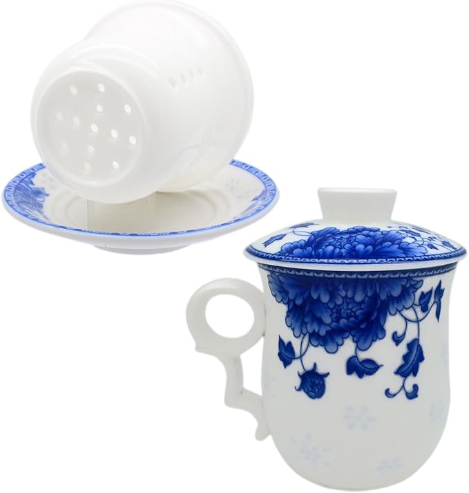 Porcelain Tea Cup with Infuser Lid and Saucer Sets - Chinese Jingdezhen Ceramics Coffee Mug Teacup Loose Leaf Tea Brewing System for Home Office