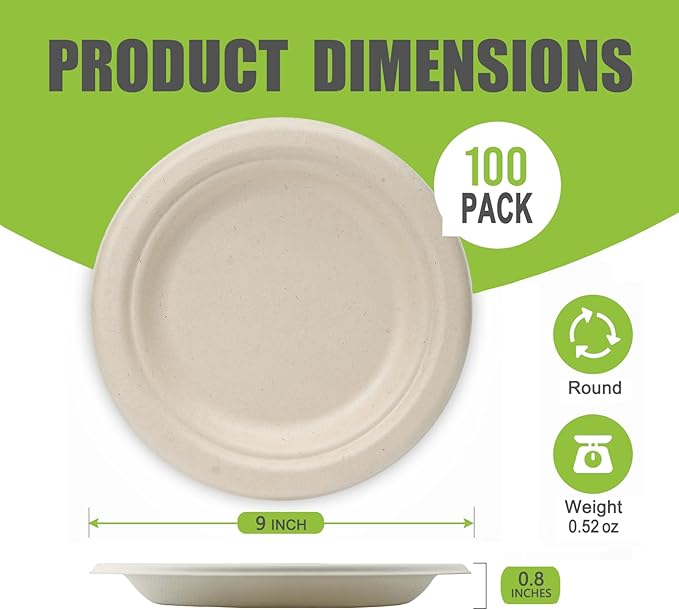 Disposable Large Paper Plates 9 Inch (Brown) - 100 Counts Heavy Duty Natural Bagasse Plates, Compostable & Leak-Proof, Microwave Safe for Thanksgiving Feast, Outdoor BBQ Ribs & Rustic Wedding