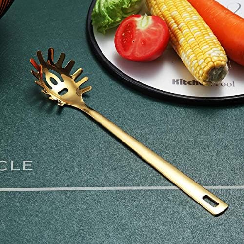 Gold Spaghetti Spoon, Berglander Pasta Server With Titanium Gold Plating, Stainless Steel Spaghetti Server For Cooking, Pasta Fork, Noddle Fork, Dishwasher Safe, Easy to Clean