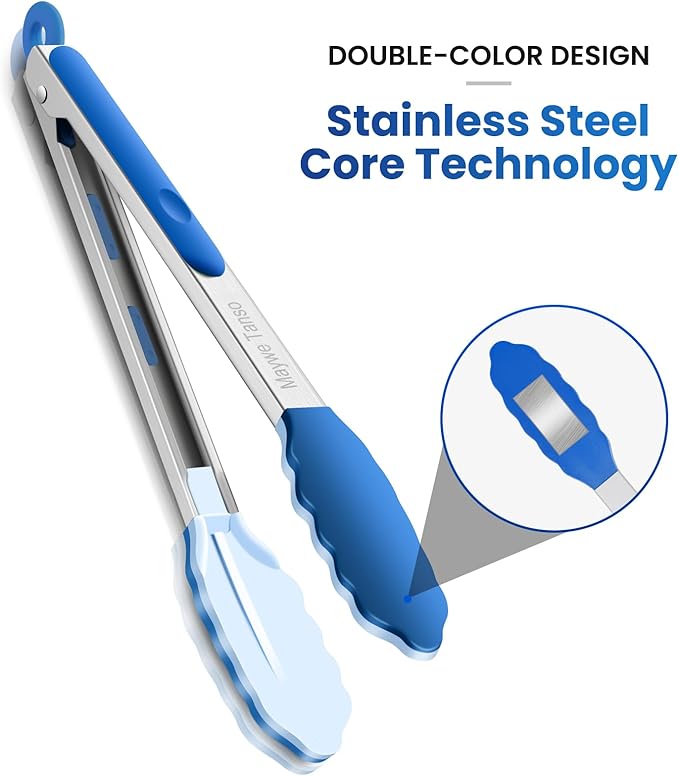 600℉ Heat Resistant Kitchen Tongs for Cooking with Silicone Tips,12-Inch Stainless Steel Locking Cooking Tongs Food Tongs for BBQ,Cooking,Salad and Serving Food,Heavy Duty,Non-Stick (Classic Blue)