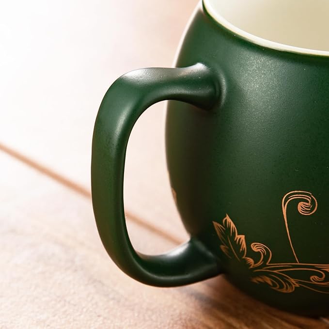 Yundu 12 OZ Ceramic Mug with Lid & Tea Strainer - Matte Green Tea Cup with Golden Flower, Stainless Steel Infuser for Loose Leaf Tea