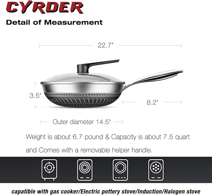 Hybrid Nonstick 14.5Inch Stainless Steel Pan, Large PFOA Free Non-Stick Wok, Dishwasher Oven Safe, Stay Cool Handle Skillet, Works with Induction Cooktop/Ceramic/Gas/Electric Stove