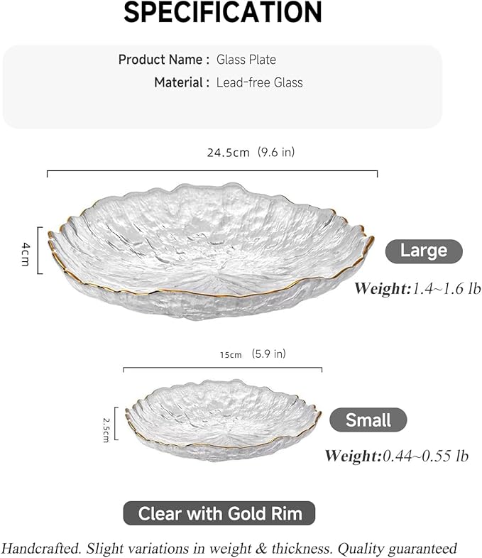 Glass Salad Bowl Irregular Lotus Flower Shape Serving Bowls, Mixing Nut Bowls for Kitchen Fruist, Snack, Dessert, and Ice Cream Candy Dishes (Plate with Gold Rim Crystal Clear, Small)