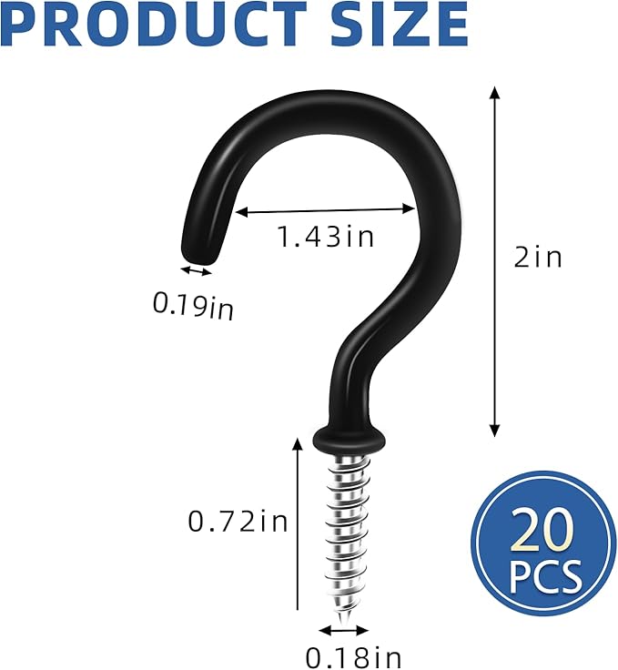 2" Black Vinyl Coated Screw-in Hooks, Ceiling Hooks Wall Hooks Hanging Hooks Kitchen Hooks Indoor Outdoor for Cups Decors Plants Utensils Lights Baskets Wreaths, 20 PCS