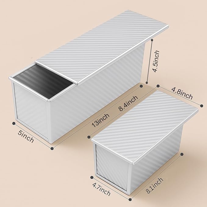 2-Pack Pullman Loaf Pan with Lid –Includes Two Size 13 by 5 & 8.4 by 4.8 Loaf Pan, Silver Textured Finish, Vented Bottom, Nonstick Bread Pan Set, Ideal for Sandwich Bread, Toast, Sourdough
