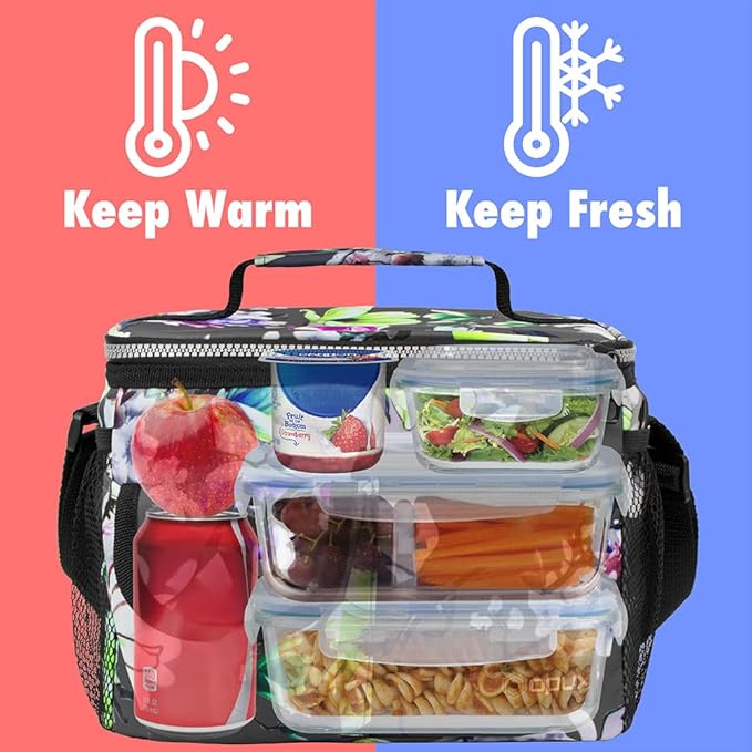 opux Insulated Lunch Bag for Men Women, Leakproof Floral Grey Lunch Box for Work, Portable Soft Lunch Cooler Bag with Shoulder Strap, Adult Lunchbox Lunch Pail for Kid Boy Girl School, 14 Can/8L