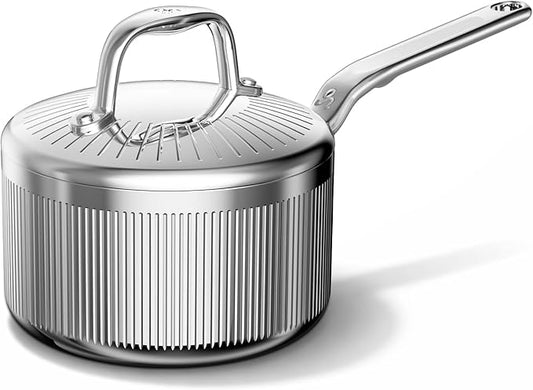 2 Quart Stainless Steel Sauce Pan with Lid, 5-Ply SaucePan Even Heating with Stay-Cool Handle, Professional Cookware for Induction, All Stoves, Oven and Dishwasher Safe