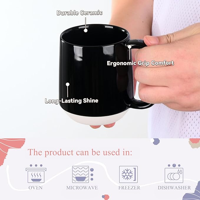 Miicol Ceramic Coffee Mug, 16 oz Large Coffee Cup, Tea Mug with Handle, Flat Bottom Mug for Men, Women, Office, Microwave and Dishwasher Safe, Multi-Color, Panda Black