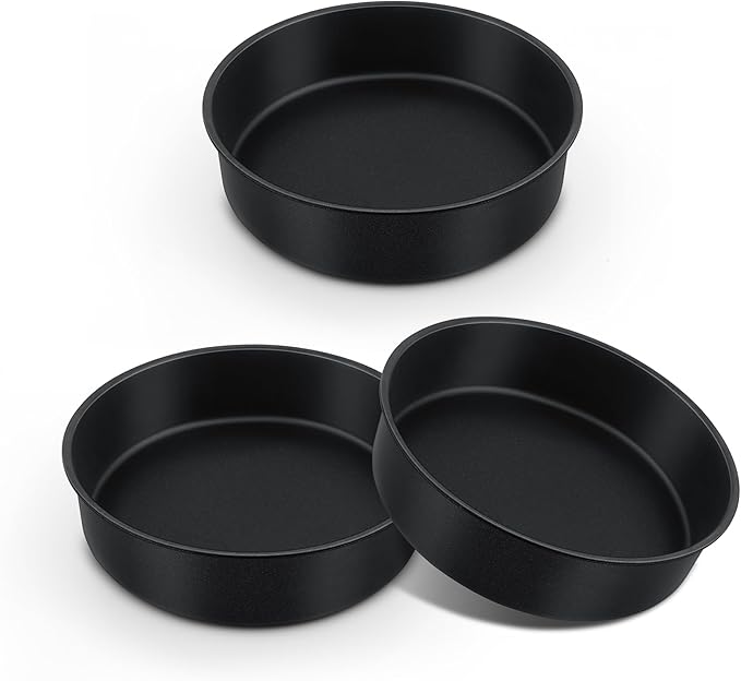 E-far 8 Inch Cake Pan Set of 3, Nonstick Round Baking Layer Cake Pans, Stainless Steel Core & Non-Toxic Coating, 2 Inch Deep (Black)