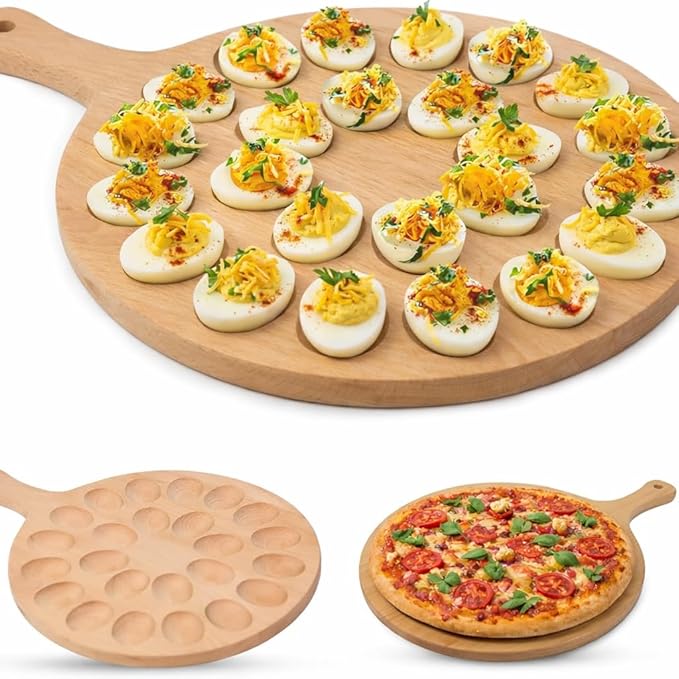 Namre' Deviled Egg Tray for 24 Eggs – Wooden Deviled Egg Plate & Holder with Handle, Reversible Pizza Peel & Serving Tray, Easter Deviled Egg Platter
